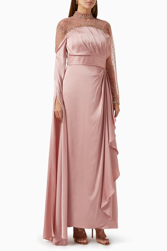 

Embellished Draped Maxi Dress in Satin, Pink