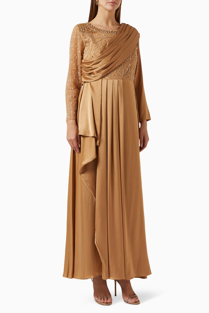 Embellished Pleated Maxi Dress in Satin, Gold
