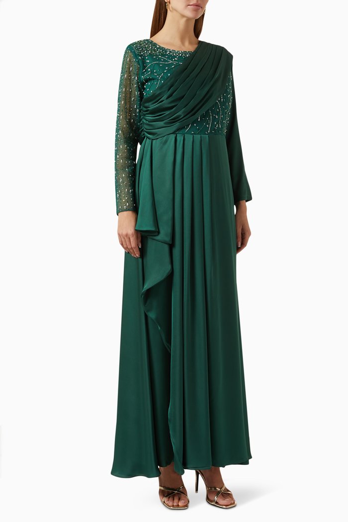 

Embellished Pleated Maxi Dress in Satin, Green