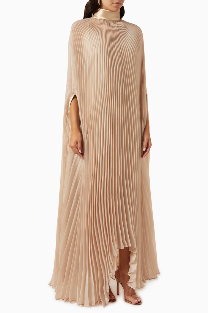 Haala Pleated Maxi Kaftan in Organza, Neutral