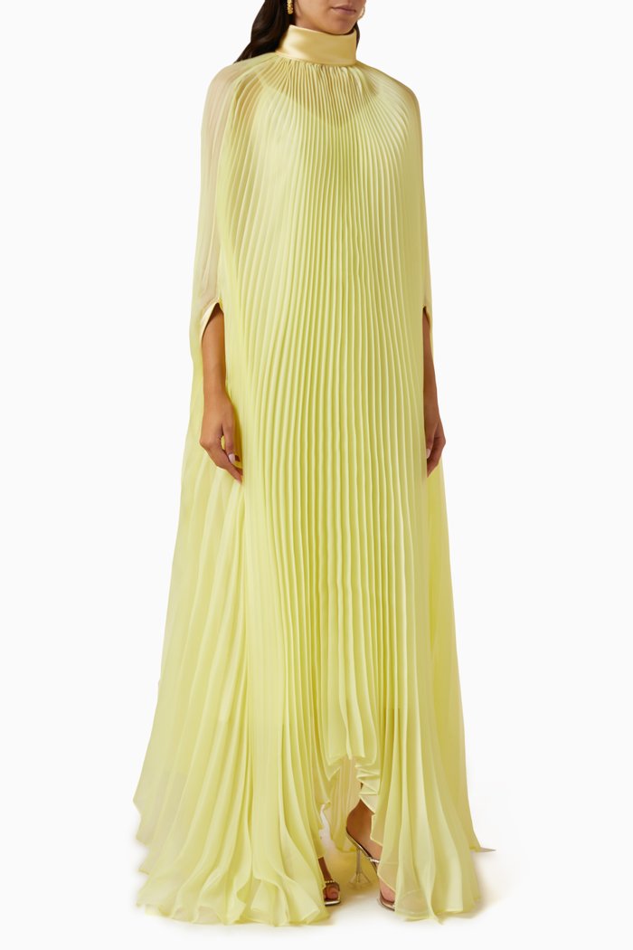 Haala Pleated Maxi Kaftan in Organza, Yellow