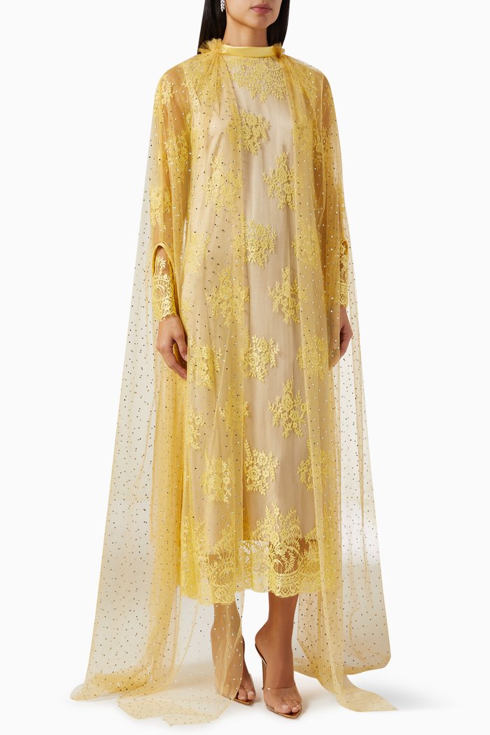 

Rianna Embellished Draped Midi Kaftan in Lace, Yellow