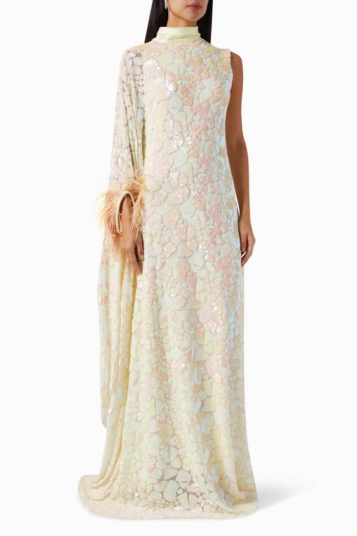

Easa Feather-trimmed Embellished Maxi Dress, Yellow