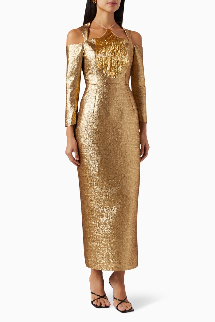 Kiara Bead-embellished Maxi Dress in Silk-jacquard, Gold
