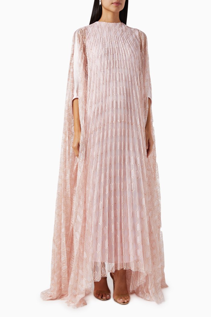 

Ola Pleated Cape Maxi Kaftan in Lace & Lurex-blend, Pink