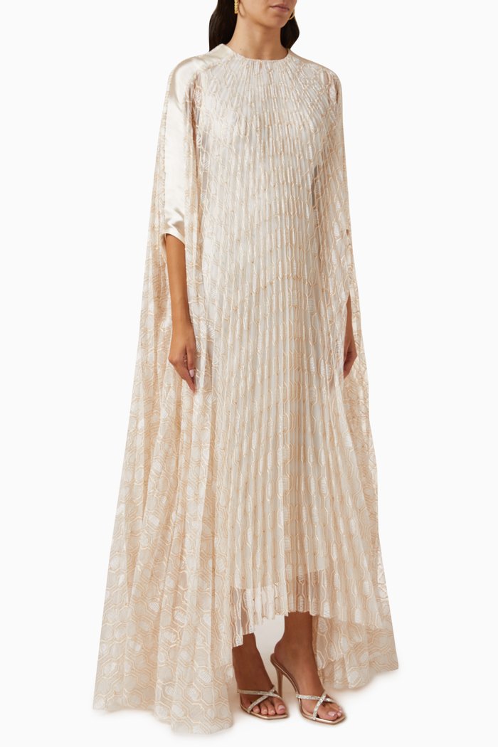 

Ola Pleated Cape Maxi Kaftan in Lace & Lurex-blend, Neutral