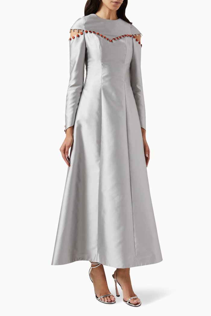 

Button-trim Maxi Dress in Taffeta, Silver