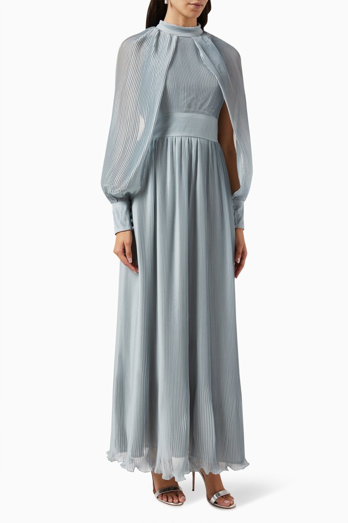

Cape Sleeves Dress in Plissé-pleated Chiffon, Grey