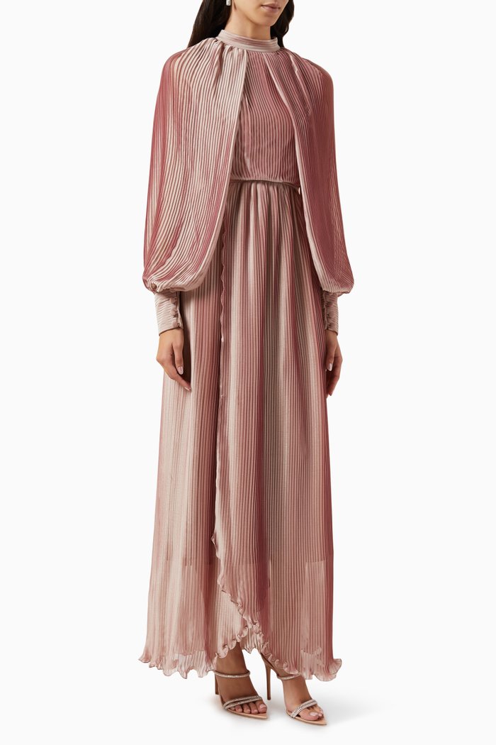 

Cape Sleeves Dress in Plissé-pleated Chiffon, Pink
