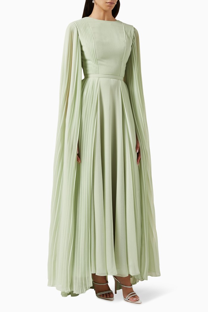 

Cape Sleeves Maxi Dress in Plissé-pleated Chiffon, Green