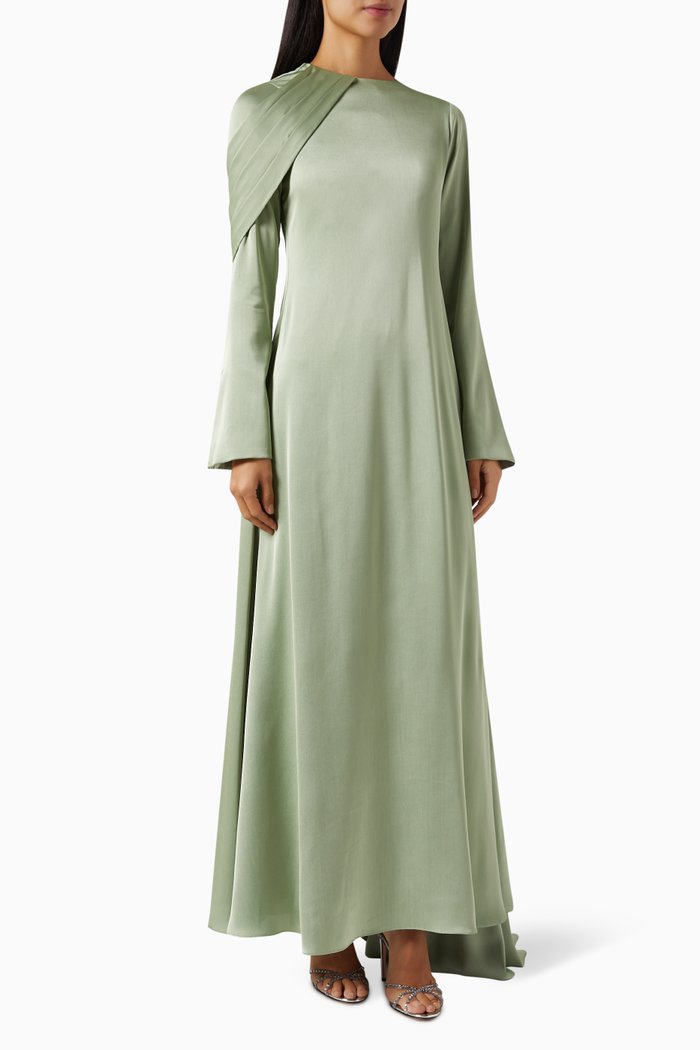 

Pleated Scarf Kaftan in Satin, Green