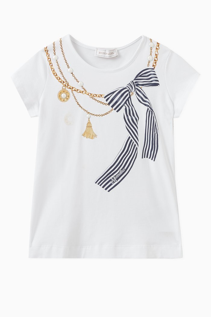 

Necklace & Bow Print T-shirt in Cotton Stretch, White
