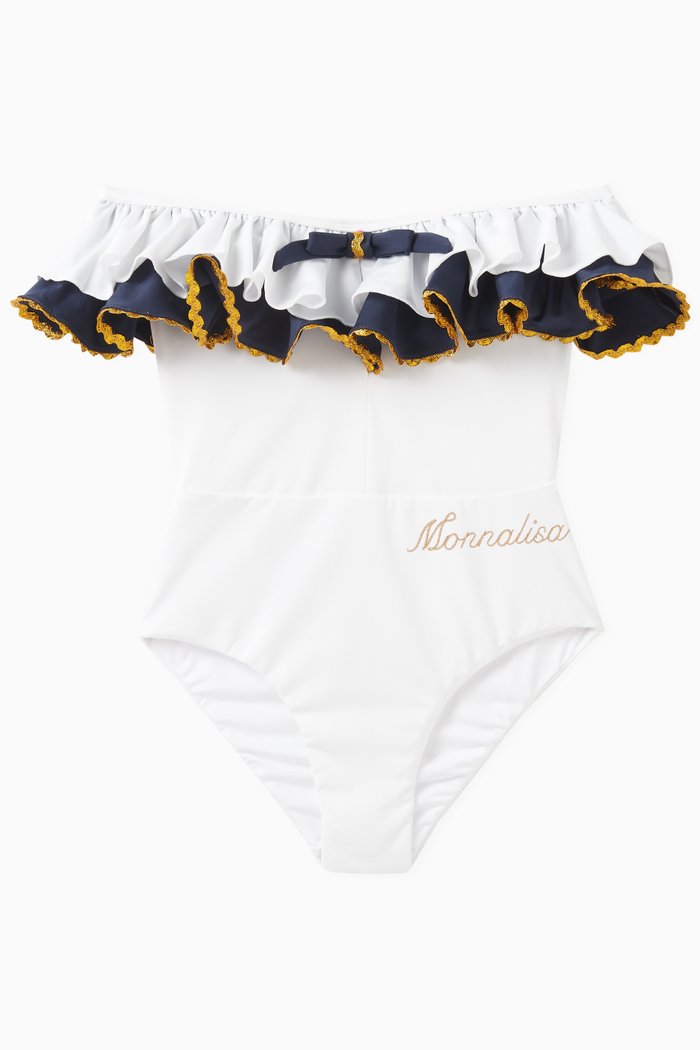 

Frilled Logo-print One-piece Swimsuit in Polyester, White