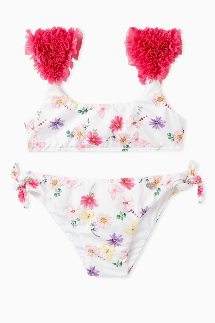 

Floral-print Frilled Two-piece Bikini in Polyester, Pink