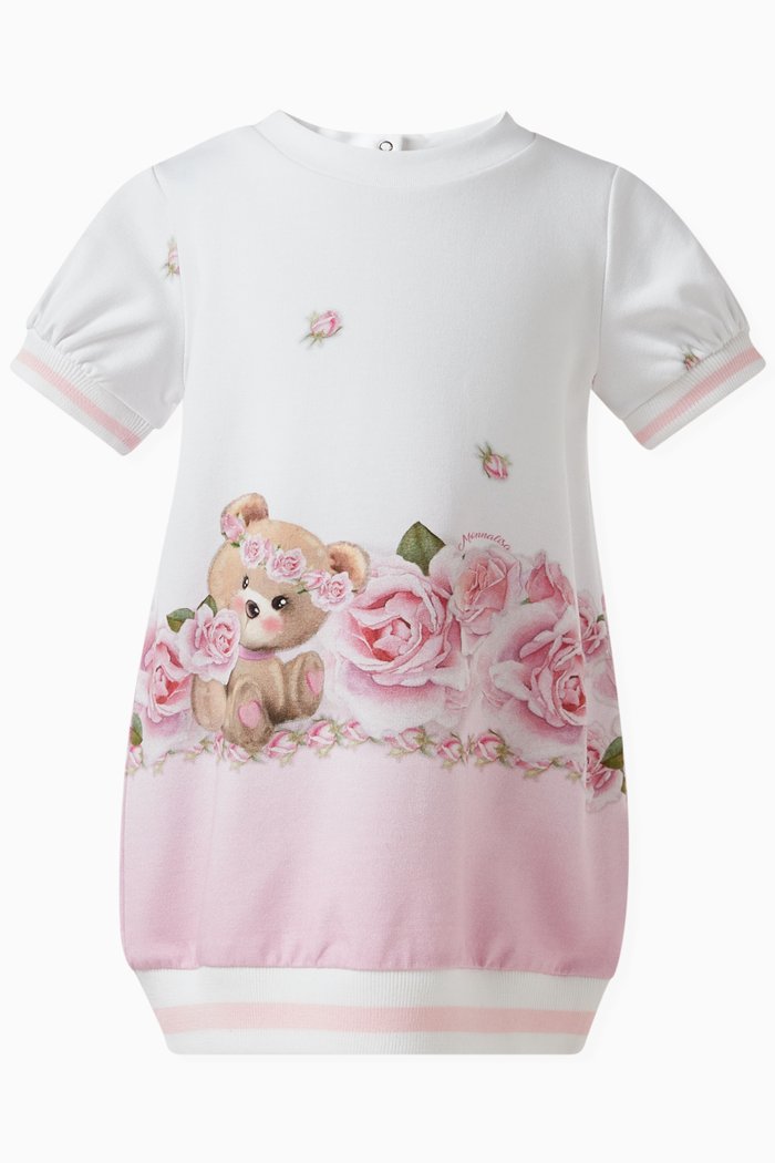 

Bear & Floral Print Dress in Cotton Fleece, White