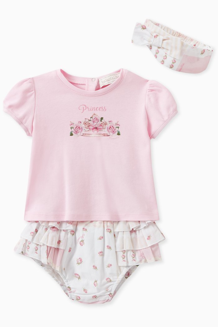 

Floral Print T-shirt, Bloomers & Headband Set in Cotton, Pink