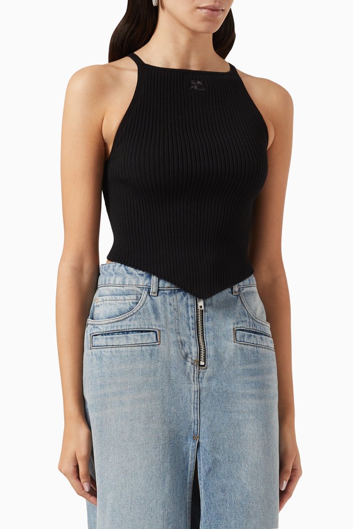 Pointy Tank Top in Ribbed Knit, Black