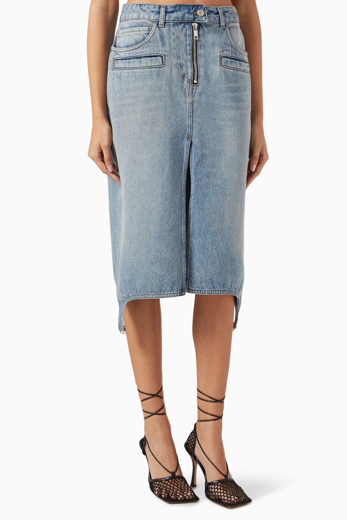 

Suspenders Midi Skirt in Denim, Blue