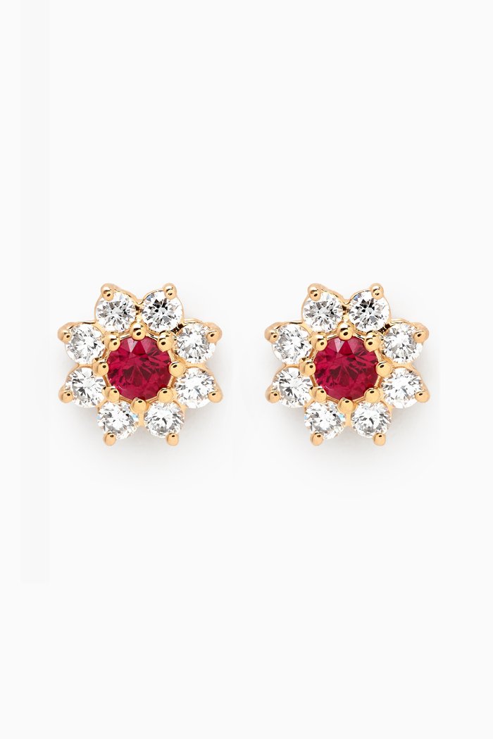 

Mini Flower Ruby & Diamond Stud Earrings in 18kt Gold, Red