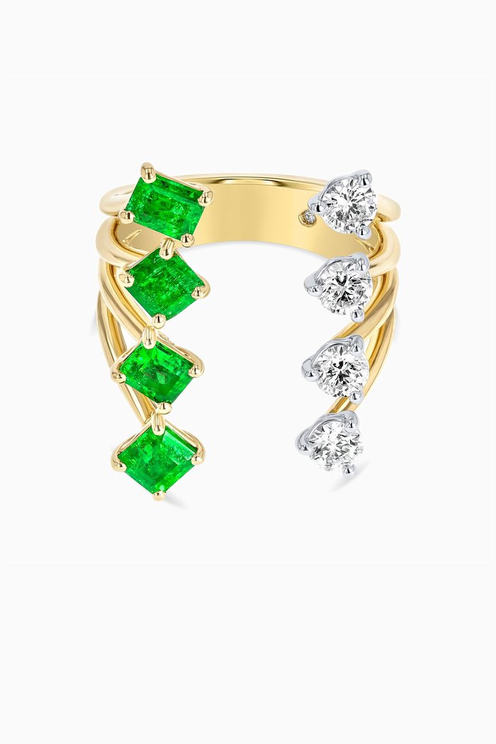 

Waterfall Diamond & Emerald Ring in 18kt Gold, Green