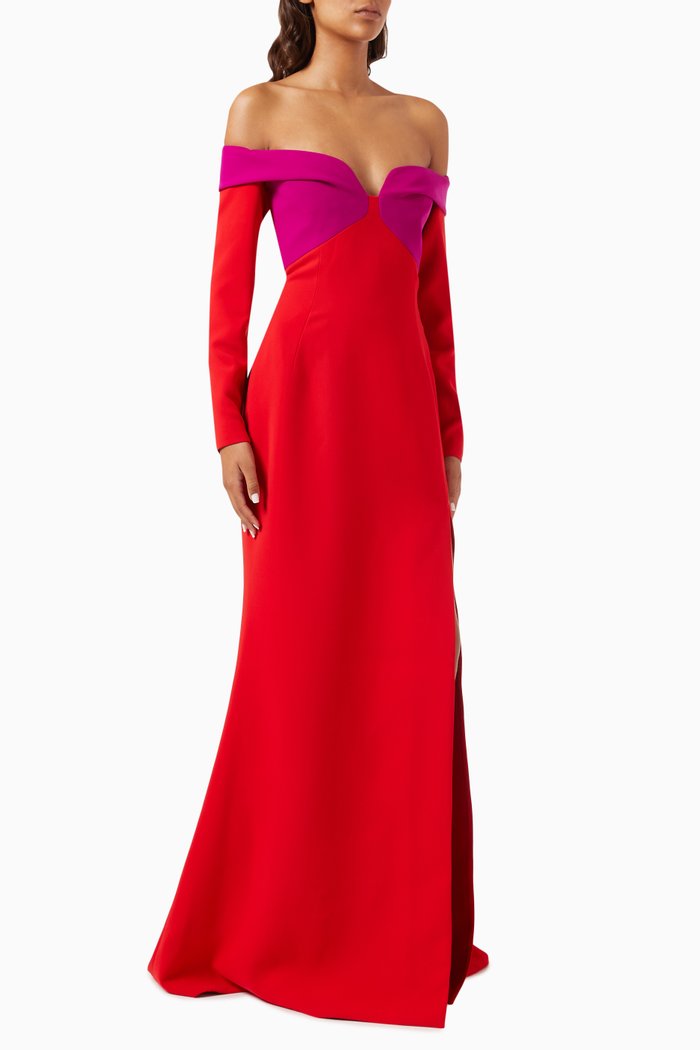 

Bi-colour Off-the-Shoulders Maxi Dress in Crepe, Red
