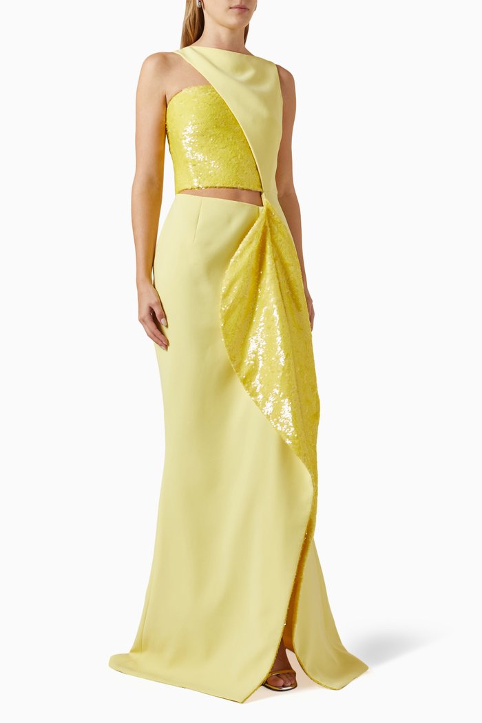 

Cut-Out Maxi Dress in Crepe and Sequins, Yellow