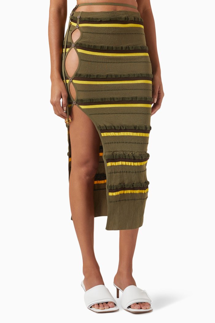 La Jupe Asymmetric Striped Skirt in Bi-material Mesh, Green
