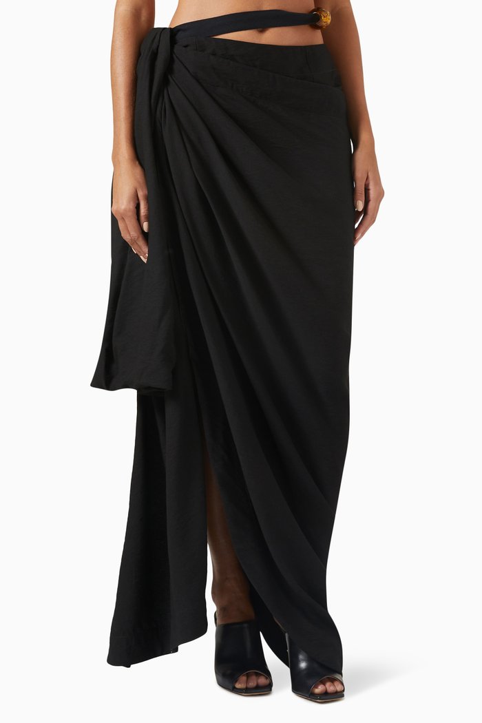 

Beaded Sarong Midi Skirt in Textured Viscose-blend, Black