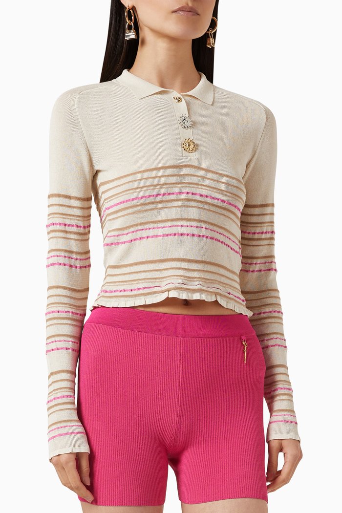 

La Maille Aouro Striped Polo in Knit, Neutral