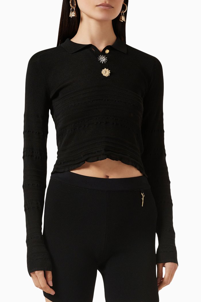 La Maille Aouro Striped Polo in Knit, Black
