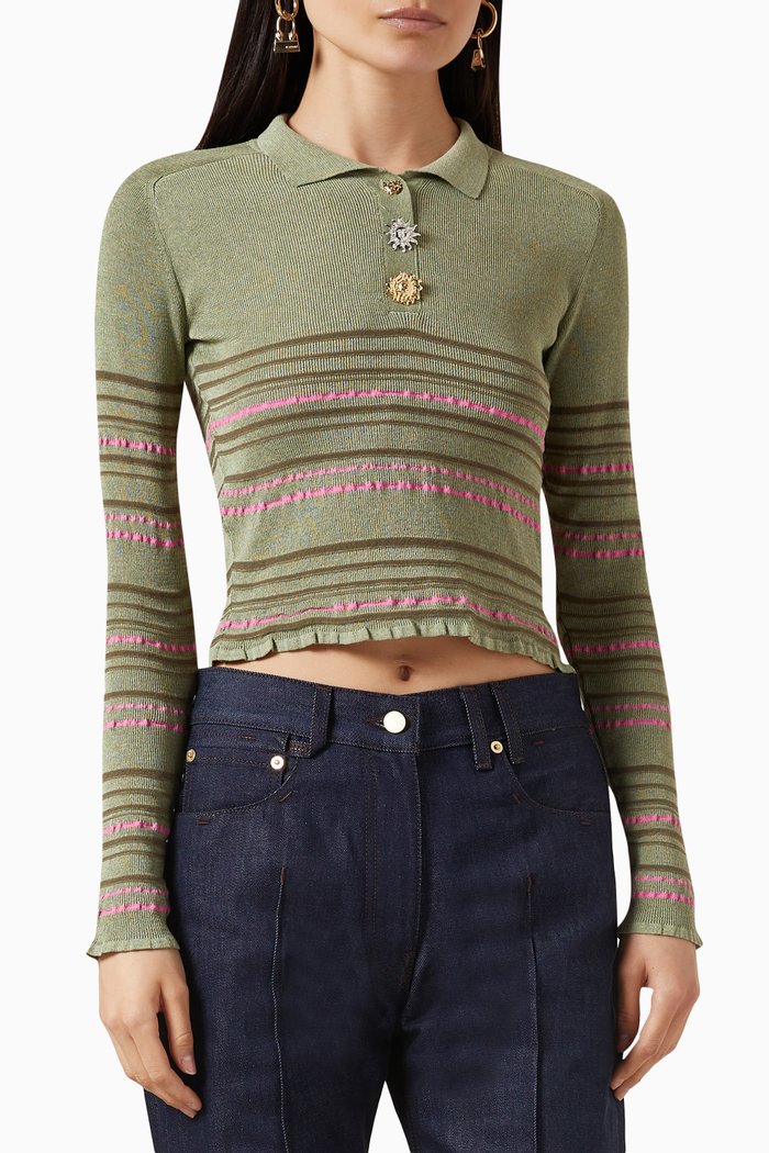 

La Maille Aouro Striped Polo in Knit, Green