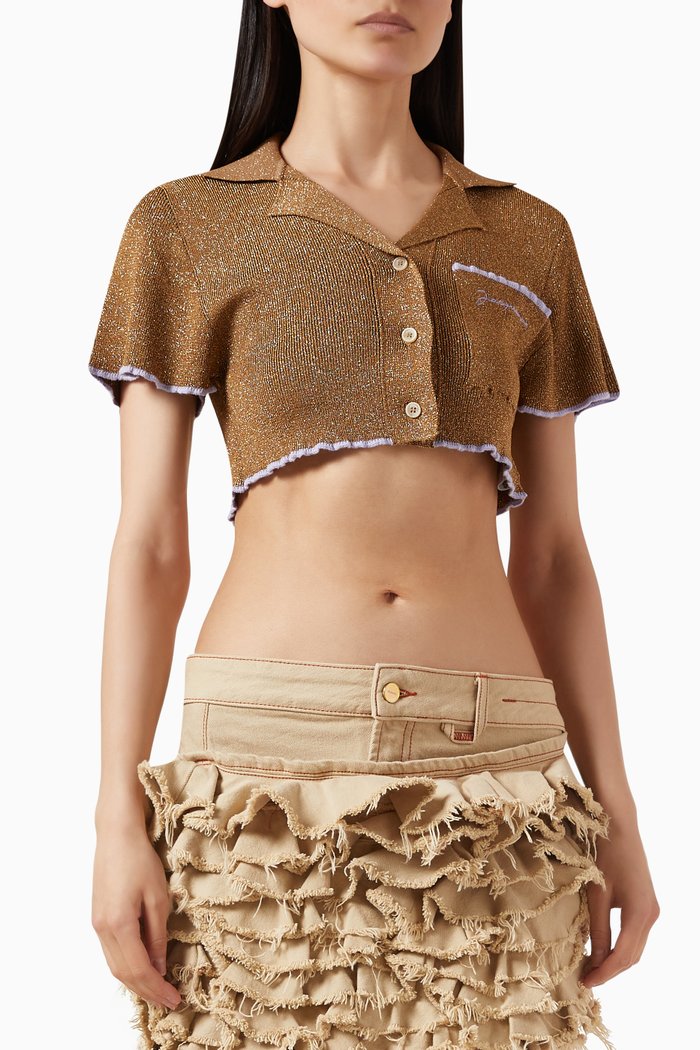 

Le Haut Brilho Bowling Cardigan Top in Lurex-knit, Brown