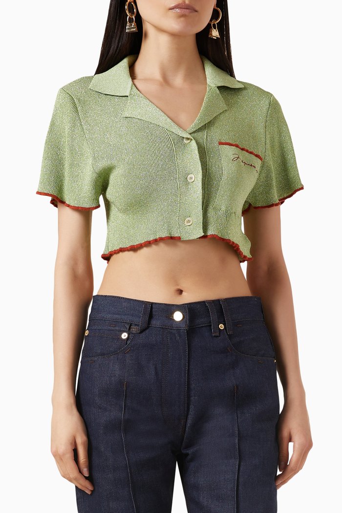 

Le Haut Brilho Bowling Cardigan Top in Lurex-knit, Green