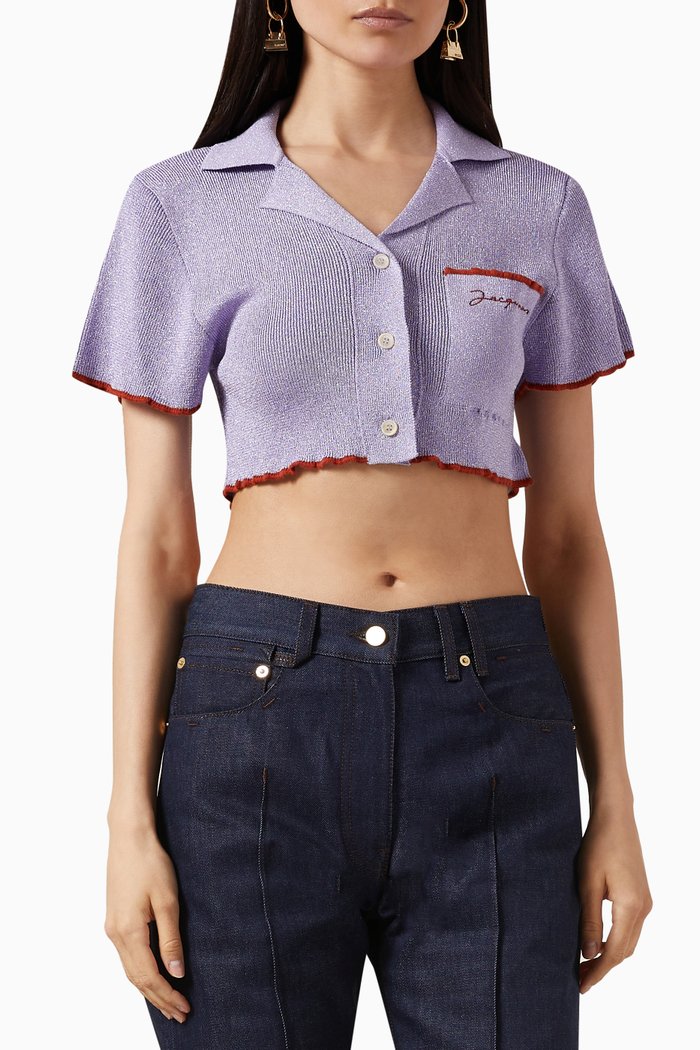 

Le Haut Brilho Bowling Cardigan Top in Lurex-knit, Purple