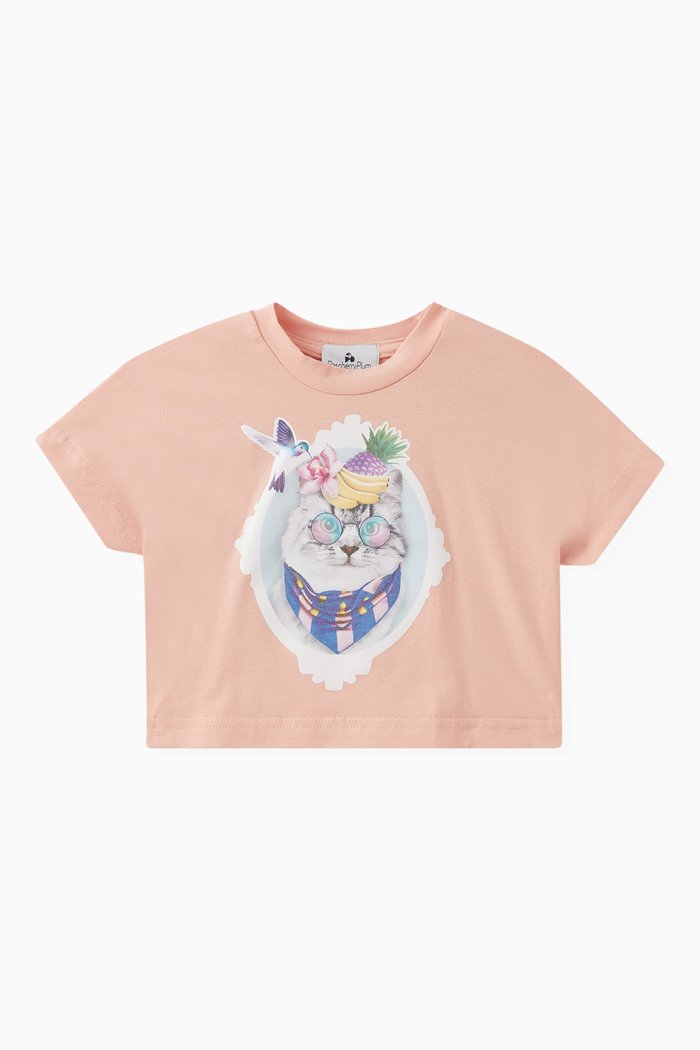

Cropped Cat-print T-shirt in Cotton, Pink