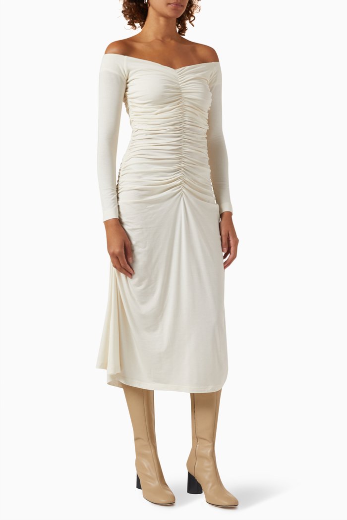 

Osha Gathered Dress in Stretch Tencel, Neutral