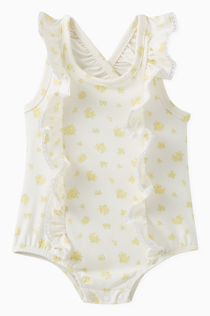 Ruffled Floral One-piece Swimsuit, Yellow
