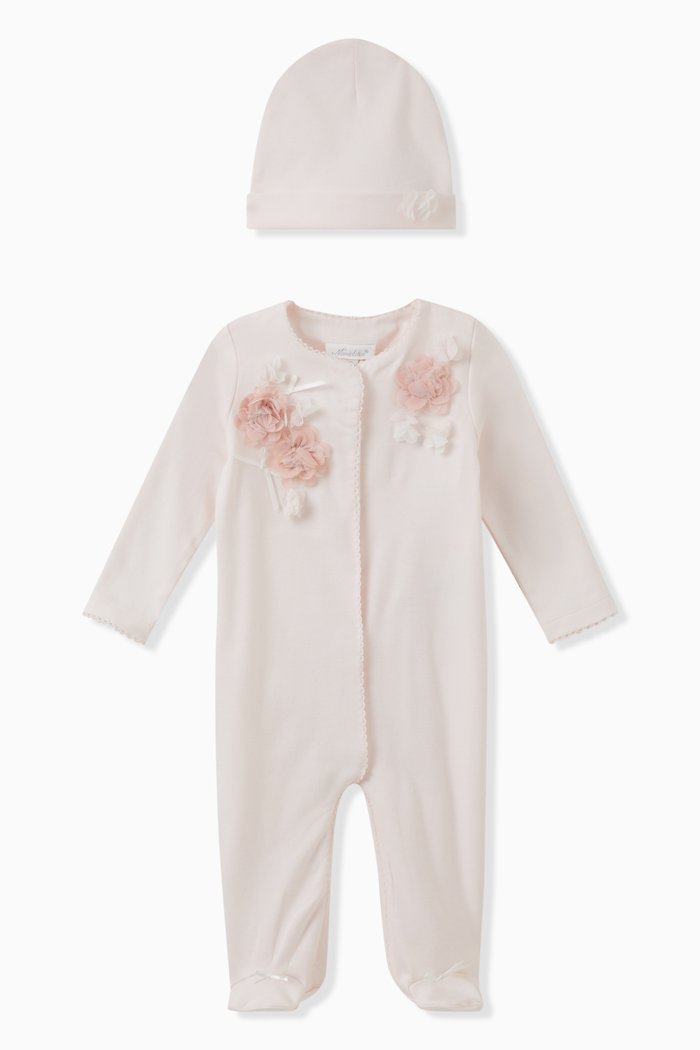 

Flower Detail Coverall & Hat Set in Cotton, Pink