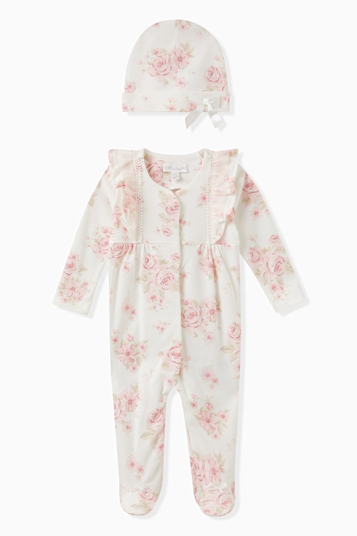 

Floral Print Coverall & Hat Set in Cotton, Grey