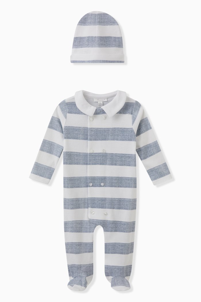 

Contrast Stripe Coverall & Hat Set in Cotton, Grey