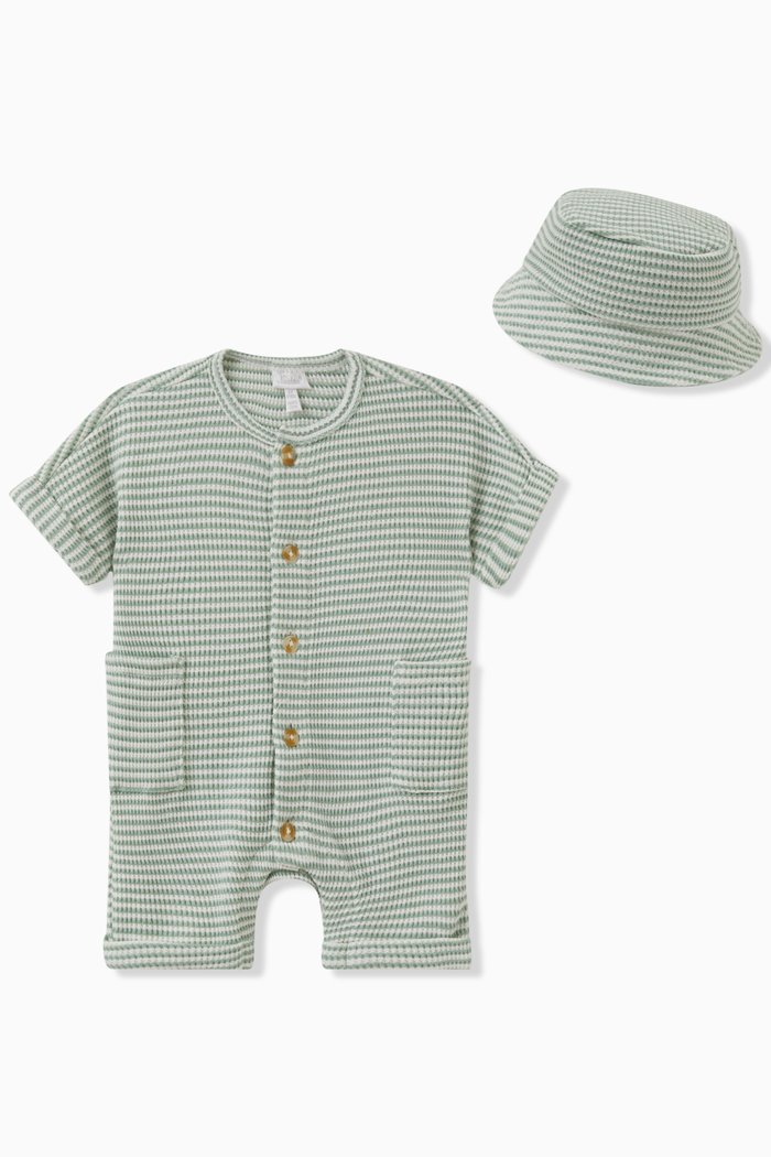 

Waffle Romper & Bucket Hat Set in Cotton, Green