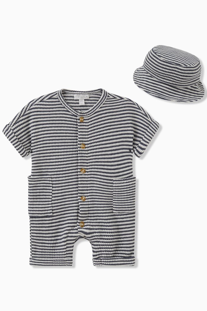 

Waffle Romper & Bucket Hat Set in Cotton, Blue