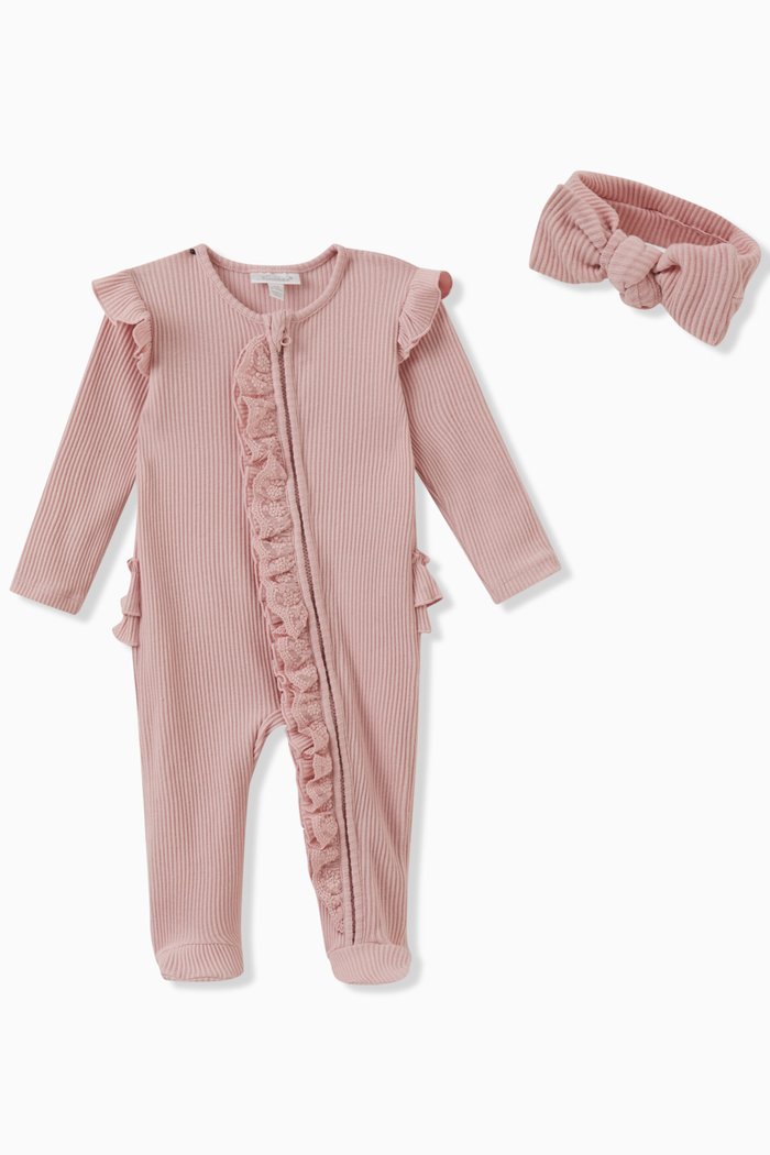 

Ribbed Coverall & Headband Set in Cotton, Pink