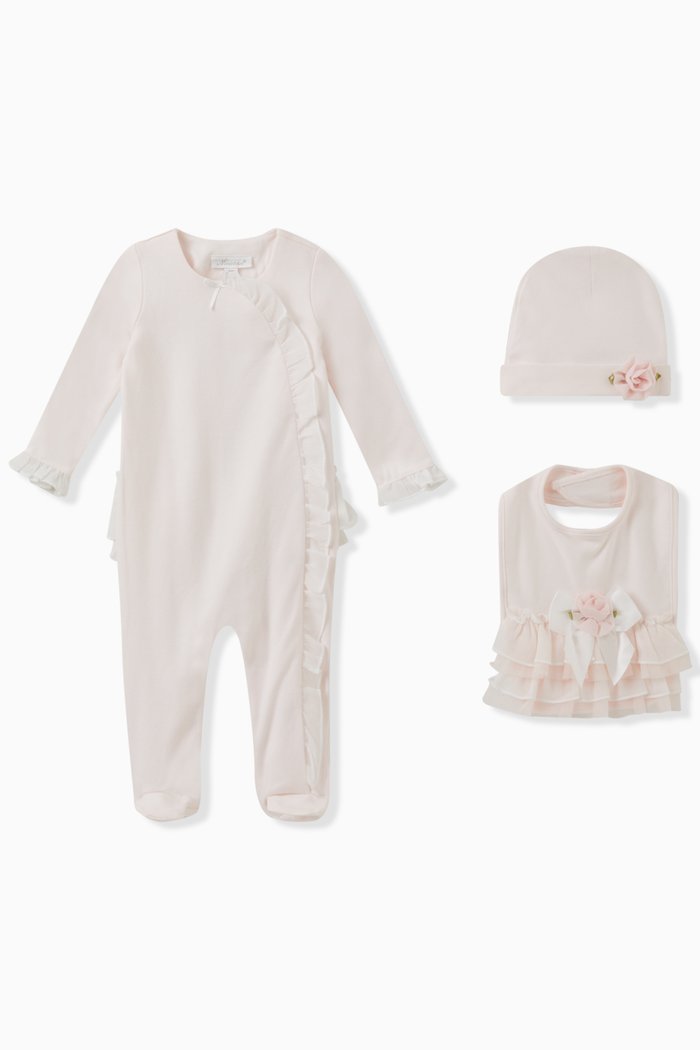 Ruffled Coverall, Bib and Beanie, Set of Three, Pink