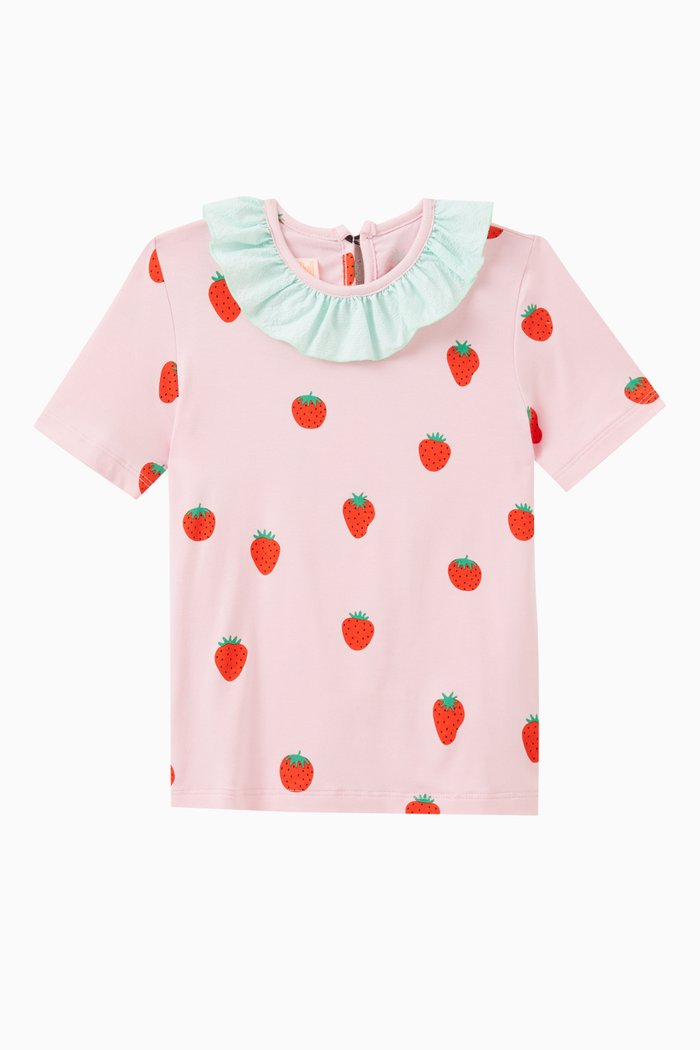 

Frilled Strawberry Print T-Shirt in Rayon Stretch, Pink