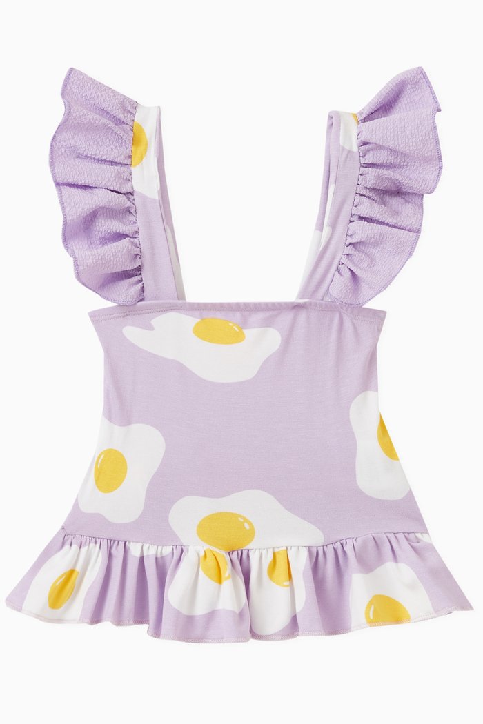 

Frilled Beatrix Egg Print Top in Rayon Stretch, Purple