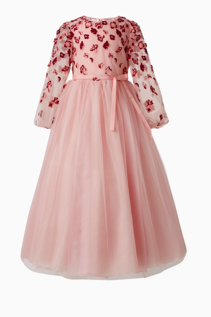 Flower Tulle Gown in Polyester Blend, Pink