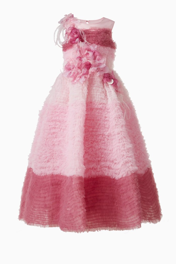 

Tiered Tulle Flared Gown in Polyester, Pink
