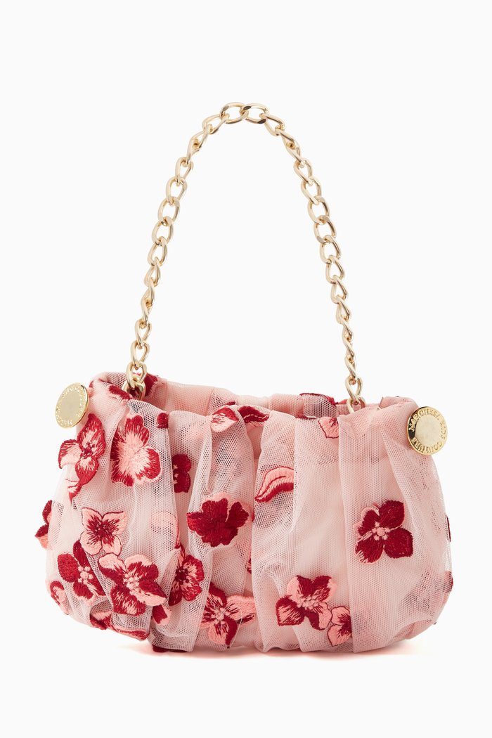 Embellished Chain Floral Mini Bag in Tulle, Pink
