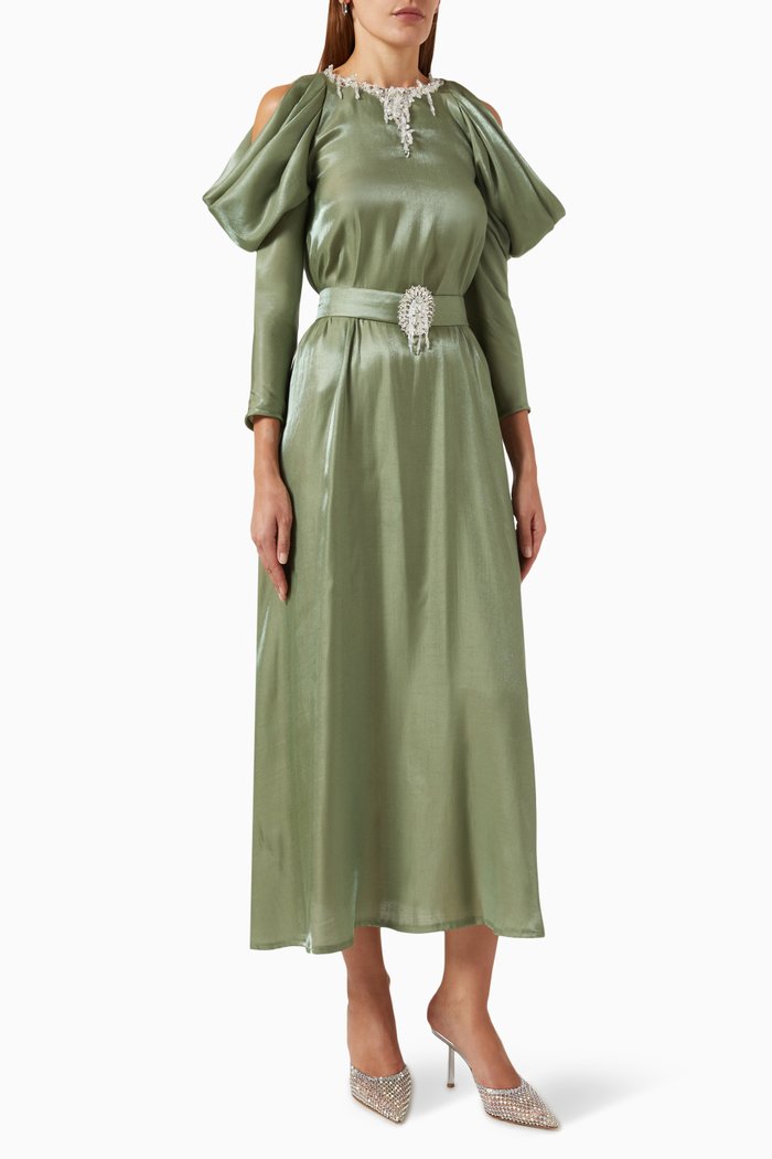 

Drop-shoulder Embellished Shimmer Midi Dress in Cotton, Green